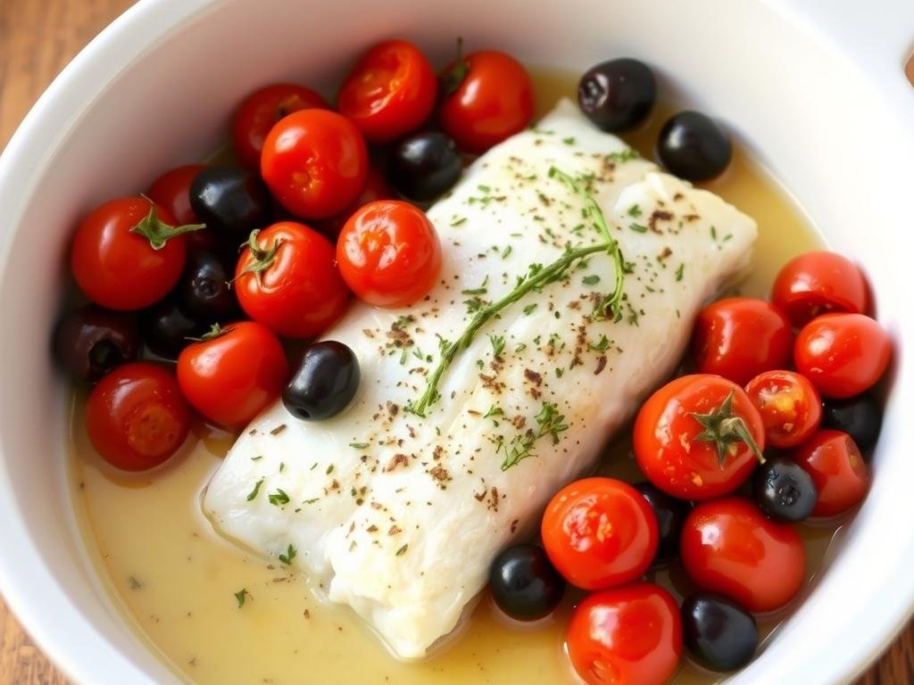 Baked cod with tomatoes and olives for weight loss dinner