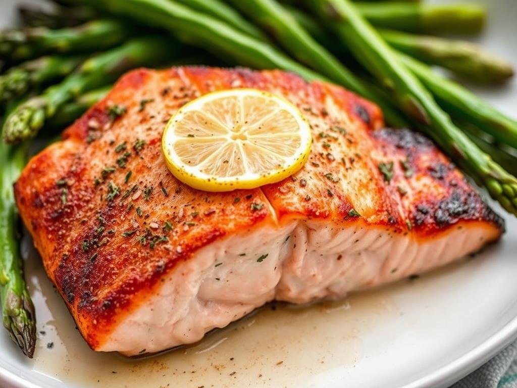 Baked salmon fillet with roasted asparagus for weight loss dinner