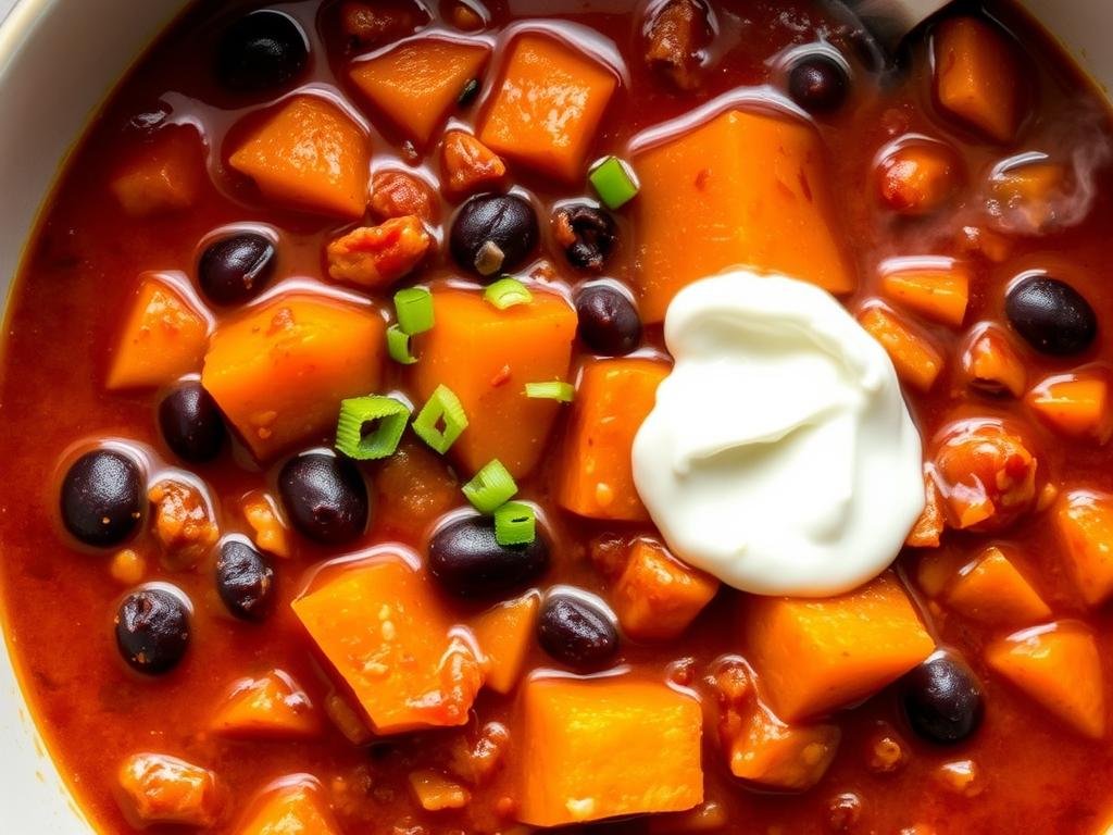 Black bean and sweet potato chili in a bowl for weight loss dinner