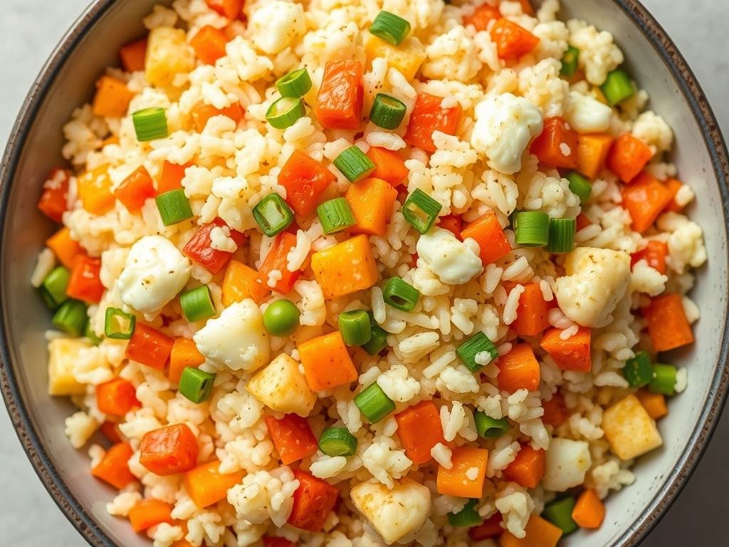 Cauliflower fried rice with vegetables and egg for weight loss dinner
