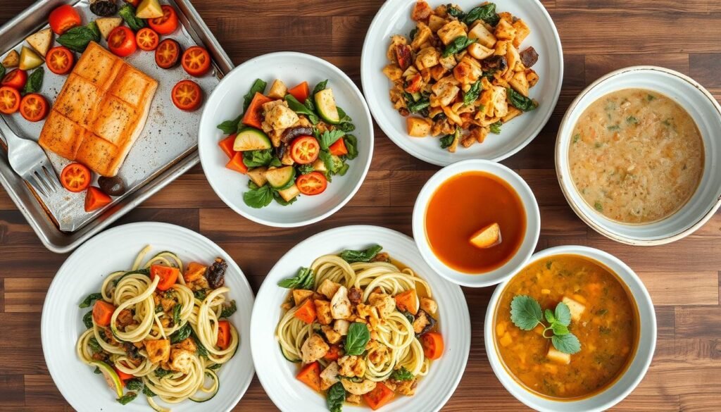 Collection of healthy dinner ideas for weight loss arranged on a table