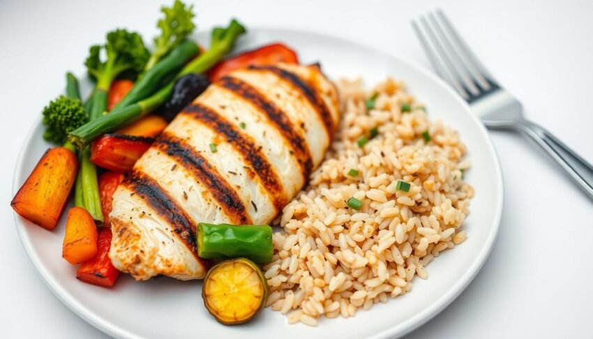Colorful plate showing balanced dinner with protein, vegetables and whole grains for weight loss
