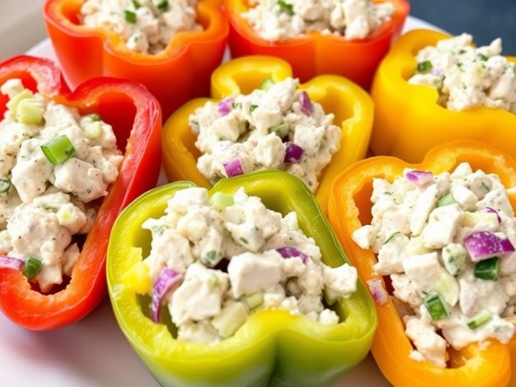 Greek yogurt chicken salad stuffed in bell peppers for weight loss dinner