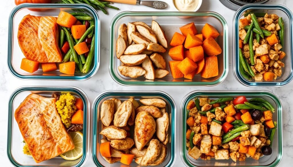 Meal prep containers with healthy dinners for weight loss