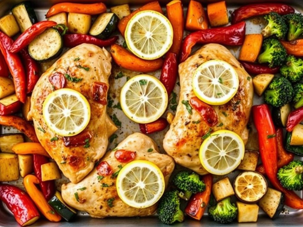 Sheet pan lemon herb chicken with colorful roasted vegetables for weight loss dinner