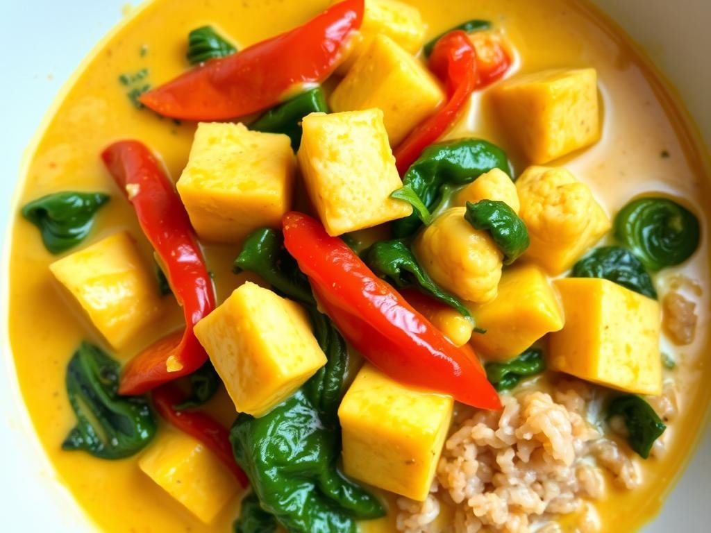 Tofu and vegetable curry with cauliflower and spinach for weight loss dinner