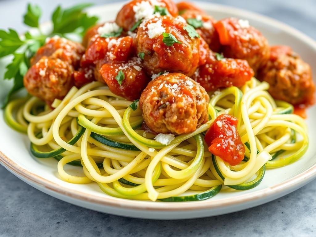 Zucchini noodles with turkey meatballs and tomato sauce for weight loss dinner